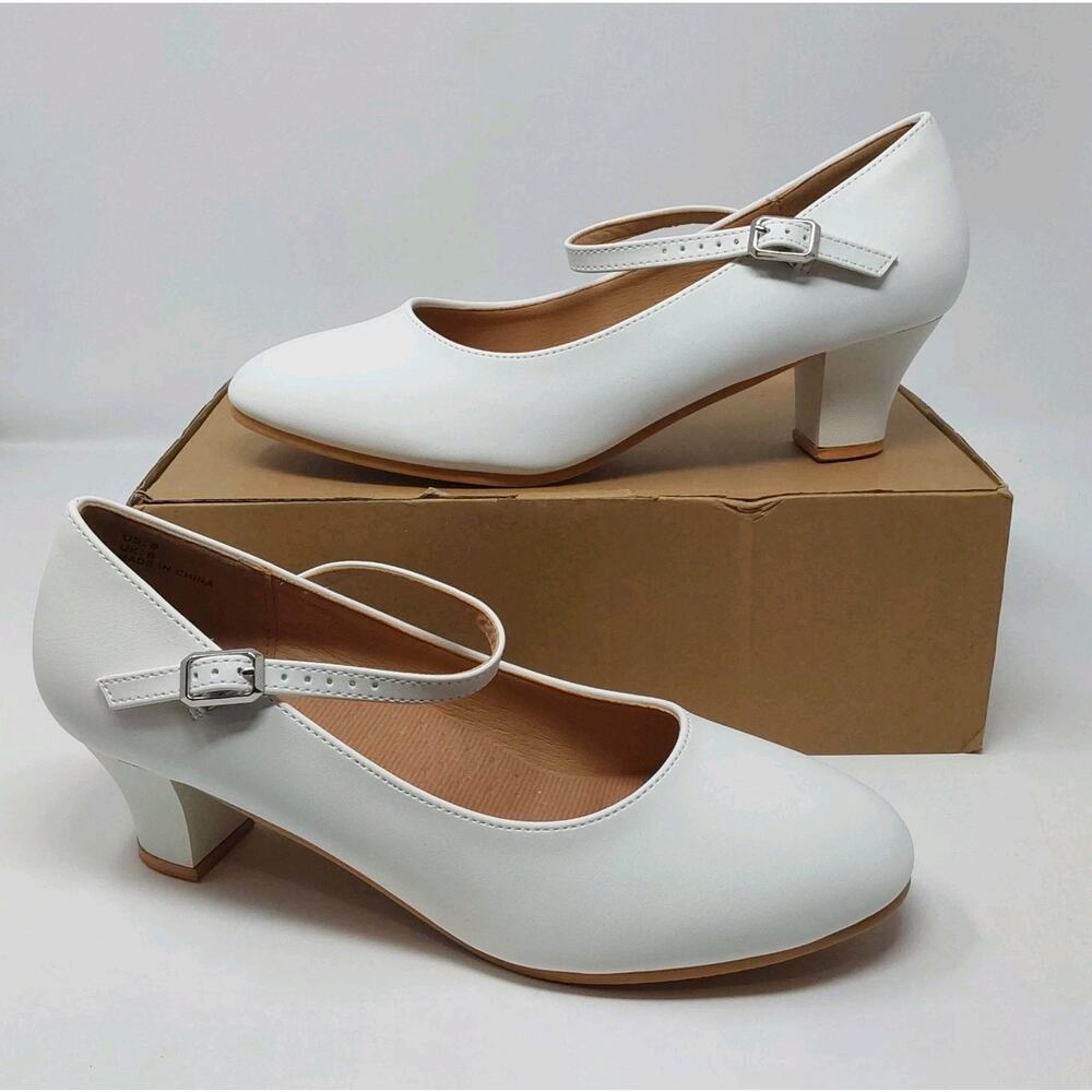 Women's White Mary Jane Low Heel Pumps Ankle Strap Dress Shoes Size 8